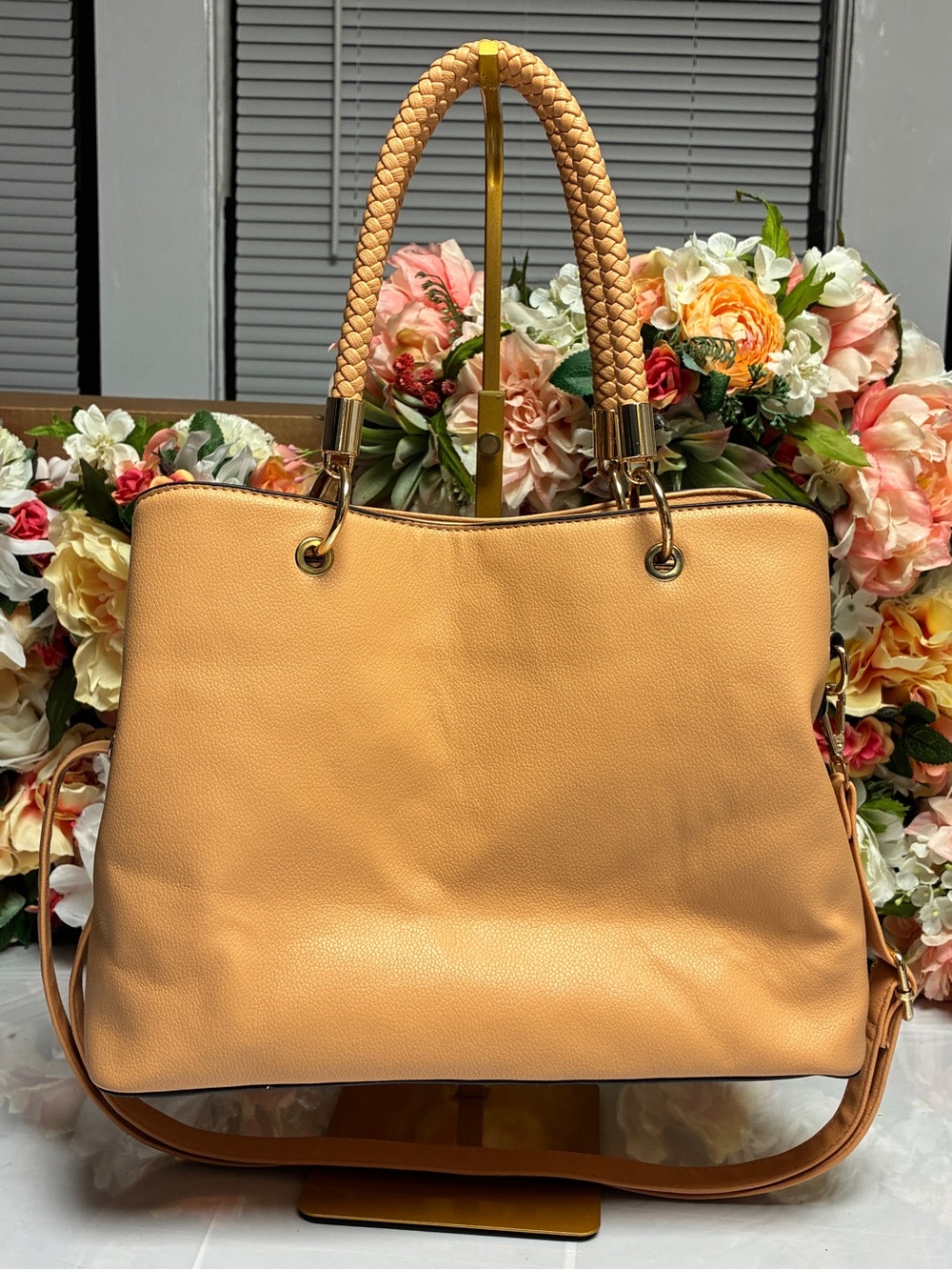 Structured Satchel Tan Braided Handles Tassel Crossbody Tote Bag - Picture 2 of 15